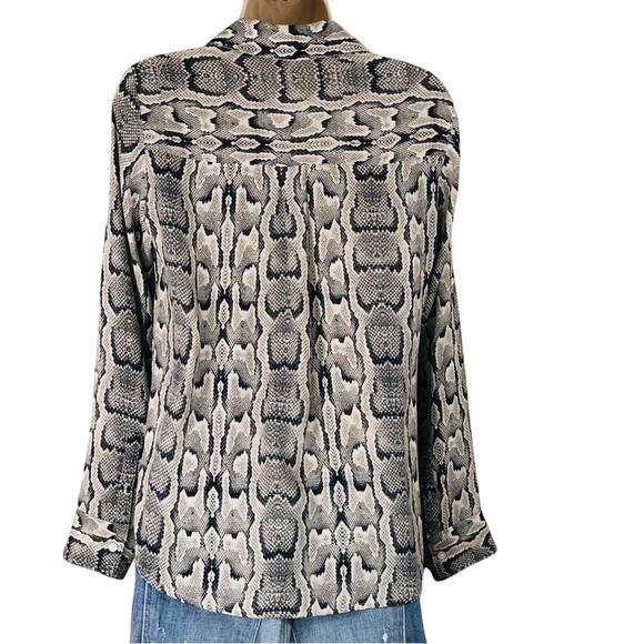 Express Signature Portofino Button Front Blouse Snake Skin Print Tan Blue Cream - Picture 2 of 16
